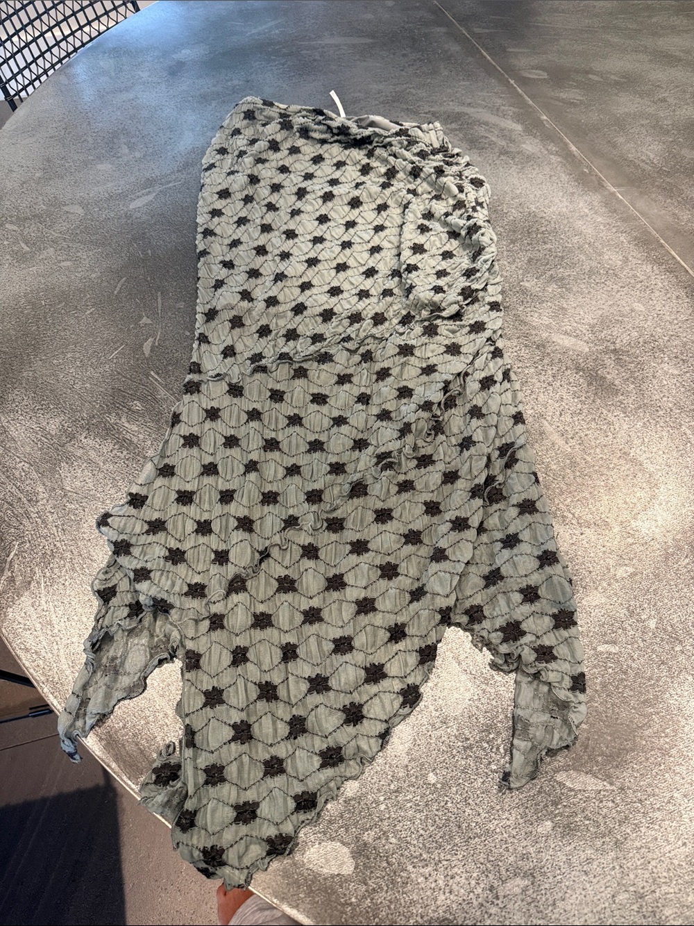 Free People Sage Green Crinkle Asymmetrical Midi Skirt with Black Diamond Motif